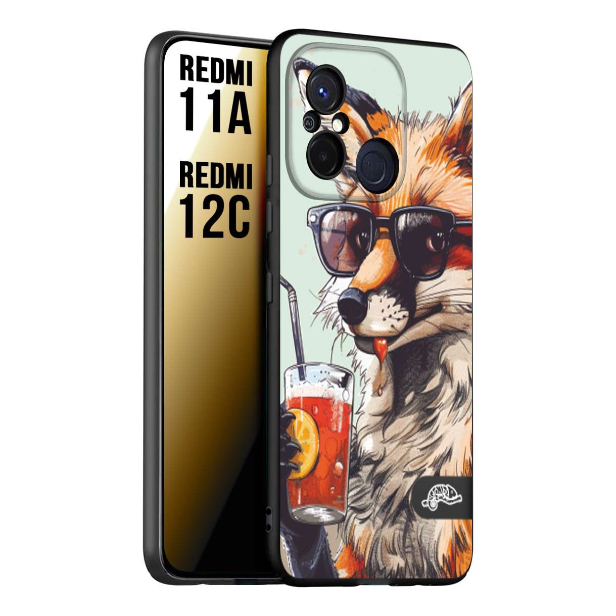 CUSTOMIZZA - Custodia cover nera morbida in tpu compatibile per Xiaomi Redmi 11A - 12C estate disegnata cocktails animali simpatici fox volpe negroni