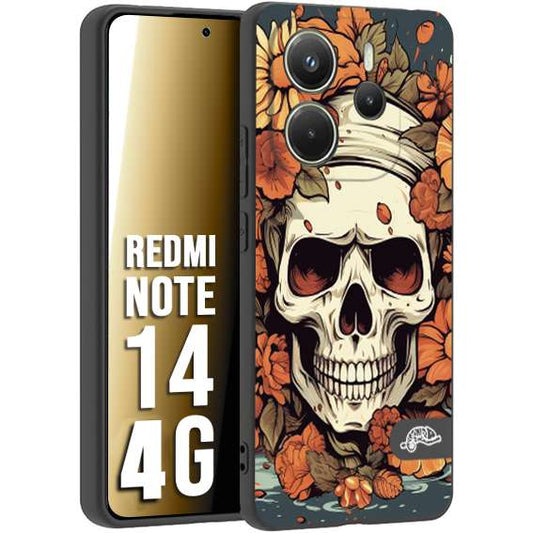 CUSTOMIZZA - Custodia cover nera morbida in tpu compatibile per Xiaomi Redmi Note 14 4G teschio skull flowers fiori tattoo disegnato alta definizione