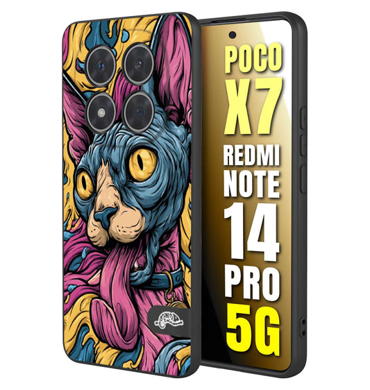 CUSTOMIZZA - Custodia cover nera morbida in tpu compatibile per Xiaomi Redmi Note 14 PRO 5G Sphynx Colorato Pop Art Psichedelico Gatto Blu Rosa Giallo Artistica Fantasy