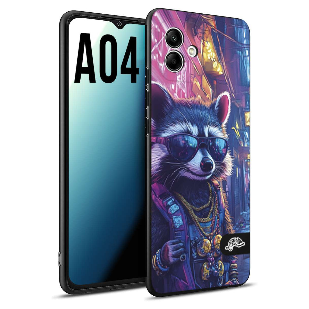 CUSTOMIZZA - Custodia cover nera morbida in tpu compatibile per Samsung A04 animali simpatici cyberpunk procione racoon street cat fucsia blu giallo
