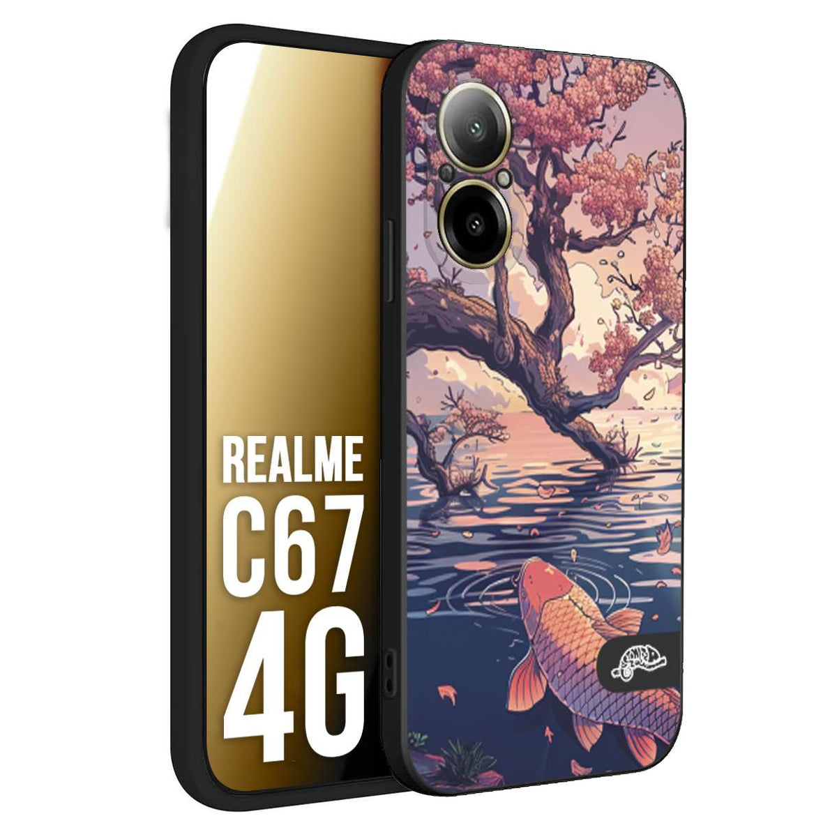 CUSTOMIZZA - Custodia cover nera morbida in tpu compatibile per Realme C67 4G giapponese lago carpa koi rosa con foglie d'acero disegnata tattoo