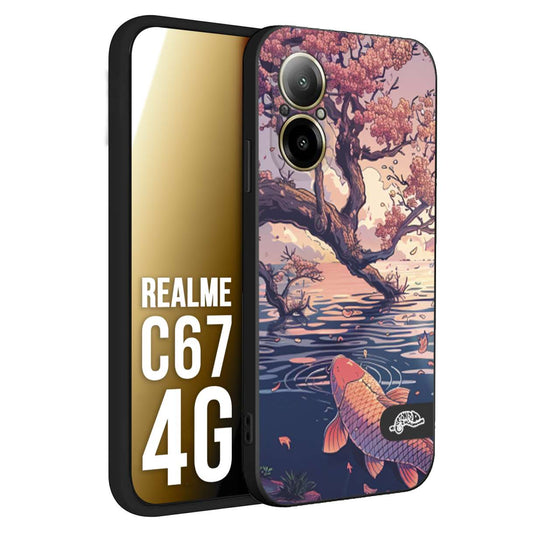 CUSTOMIZZA - Custodia cover nera morbida in tpu compatibile per Realme C67 4G giapponese lago carpa koi rosa con foglie d'acero disegnata tattoo