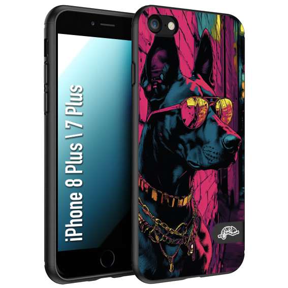 CUSTOMIZZA - Custodia cover nera morbida in tpu compatibile per iPhone 7 Plus - 8 plus animali cyberpunk dobermann cane street dog fucsia blu