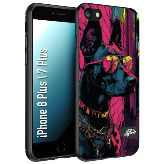 CUSTOMIZZA - Custodia cover nera morbida in tpu compatibile per iPhone 7 Plus - 8 plus animali cyberpunk dobermann cane street dog fucsia blu