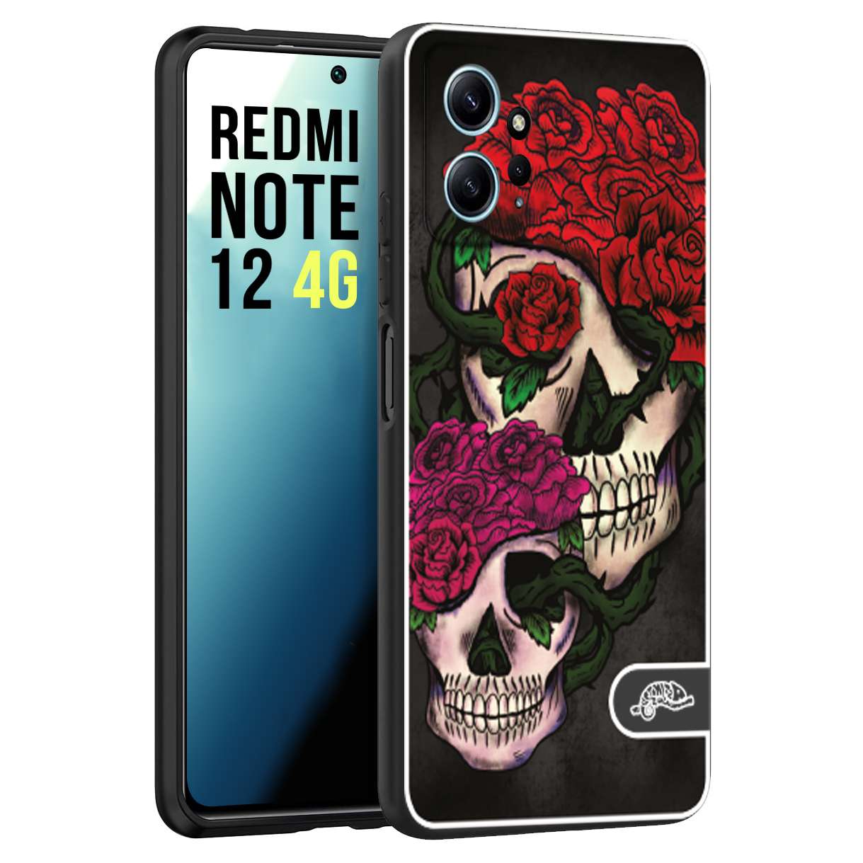 CUSTOMIZZA - Custodia cover nera morbida in tpu compatibile per Xiaomi Redmi Note 12 4G teschi e rose rosse fucsia skull and roses