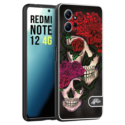 CUSTOMIZZA - Custodia cover nera morbida in tpu compatibile per Xiaomi Redmi Note 12 4G teschi e rose rosse fucsia skull and roses