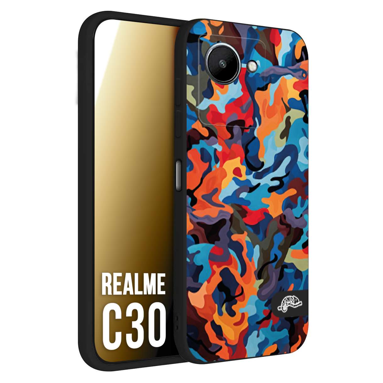 CUSTOMIZZA - Custodia cover nera morbida in tpu compatibile per Oppo Realme C30 camouflage mimetico militare moderno blu arancio rosso