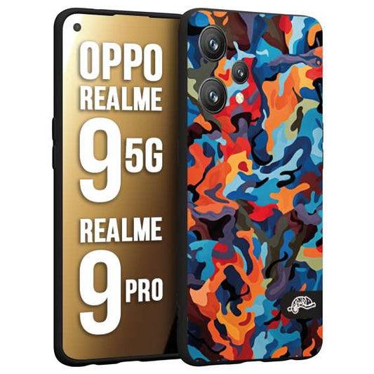 CUSTOMIZZA - Custodia cover nera morbida in tpu compatibile per Oppo Realme 9 5G - 9 PRO camouflage mimetico militare moderno blu arancio rosso