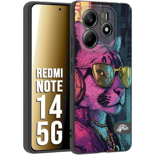 CUSTOMIZZA - Custodia cover nera morbida in tpu compatibile per Xiaomi Redmi Note 14 5G animali cyberpunk pantera street cat fucsia blu giallo