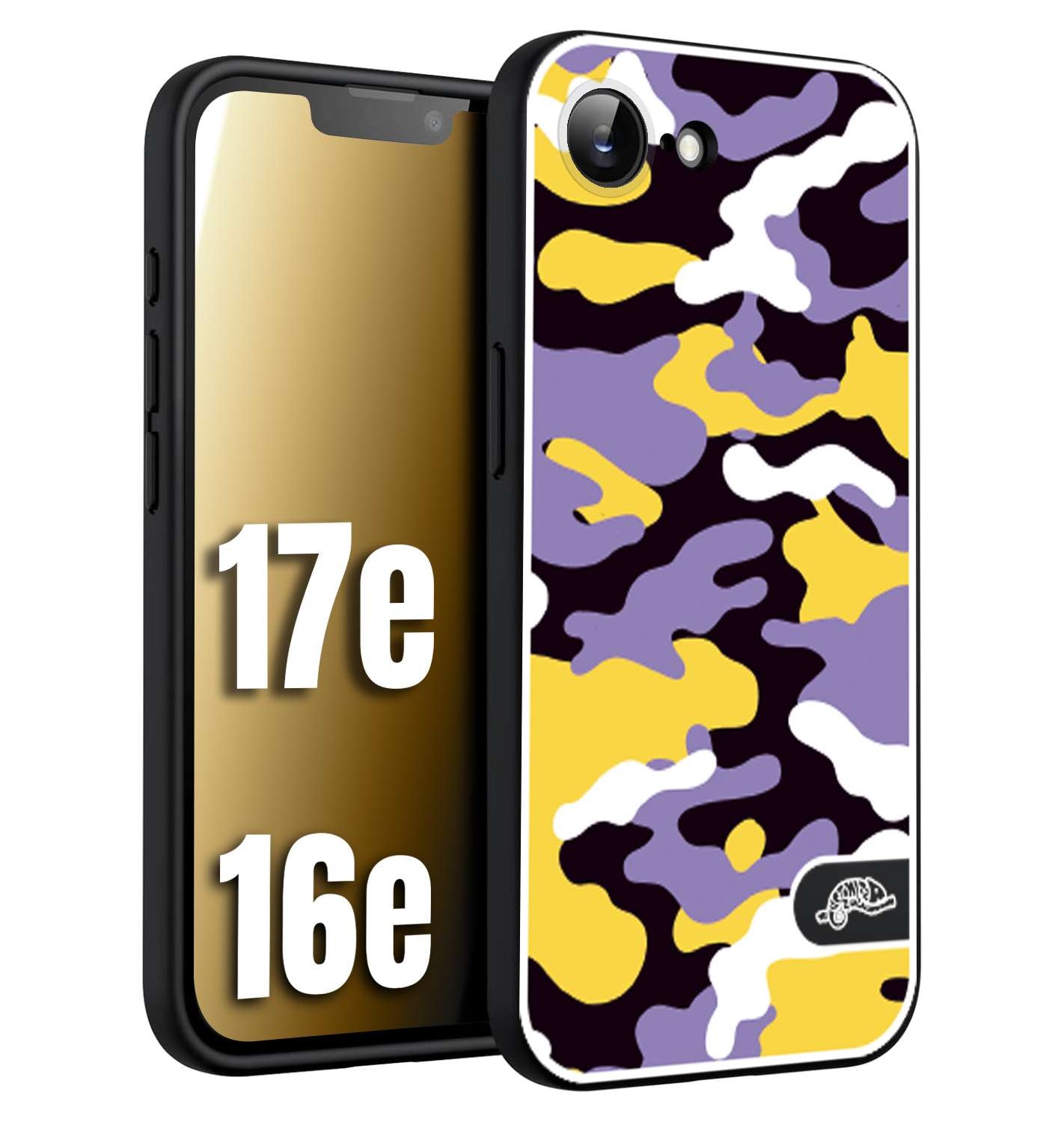CUSTOMIZZA - Custodia cover nera morbida in tpu compatibile per iPhone 16E - 17E camouflage mimetico militare viola lilla giallo