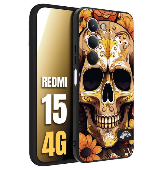 CUSTOMIZZA - Custodia cover nera morbida in tpu compatibile per Xiaomi Redmi 15 4G teschio messicano colorato dorato fiori tattoo disegnato