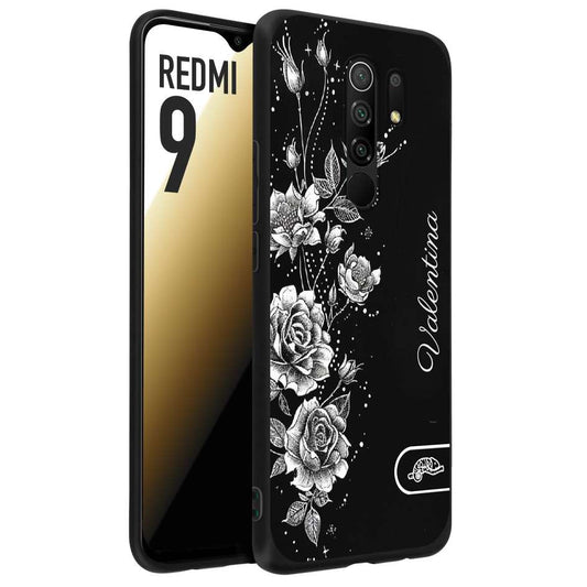 CUSTOMIZZA - Custodia cover nera morbida in tpu compatibile per Xiaomi Redmi 9 a rilievo soft touch personalizzata nome rose fiori donna