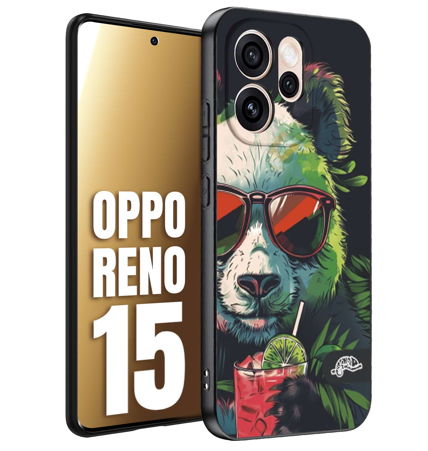 CUSTOMIZZA - Custodia cover nera morbida in tpu compatibile per Oppo Reno 15 estate disegnata cocktails animali simpatici panda mojito