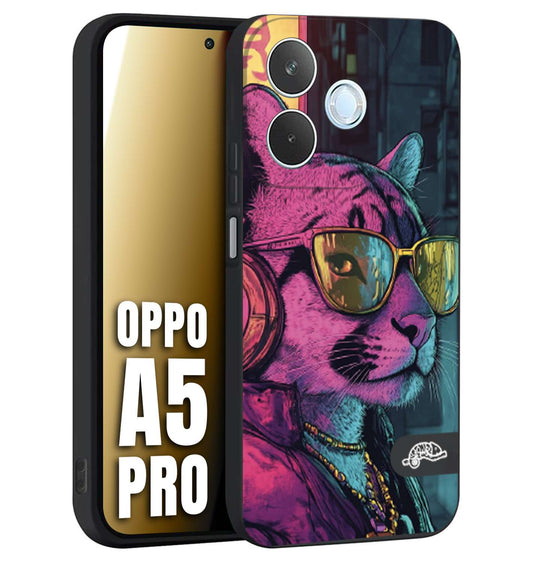 CUSTOMIZZA - Custodia cover nera morbida in tpu compatibile per Oppo A5 PRO animali cyberpunk pantera street cat fucsia blu giallo