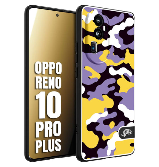 CUSTOMIZZA - Custodia cover nera morbida in tpu compatibile per Oppo Reno 10 PRO PLUS camouflage mimetico militare viola lilla giallo