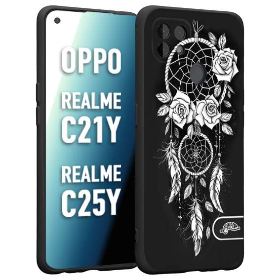 CUSTOMIZZA - Custodia cover nera morbida in tpu compatibile per Oppo Realme C21Y - C25Y acchiappasogni dreamcatcher black and white bianco a rilievo disegnato tattoo tatuaggio