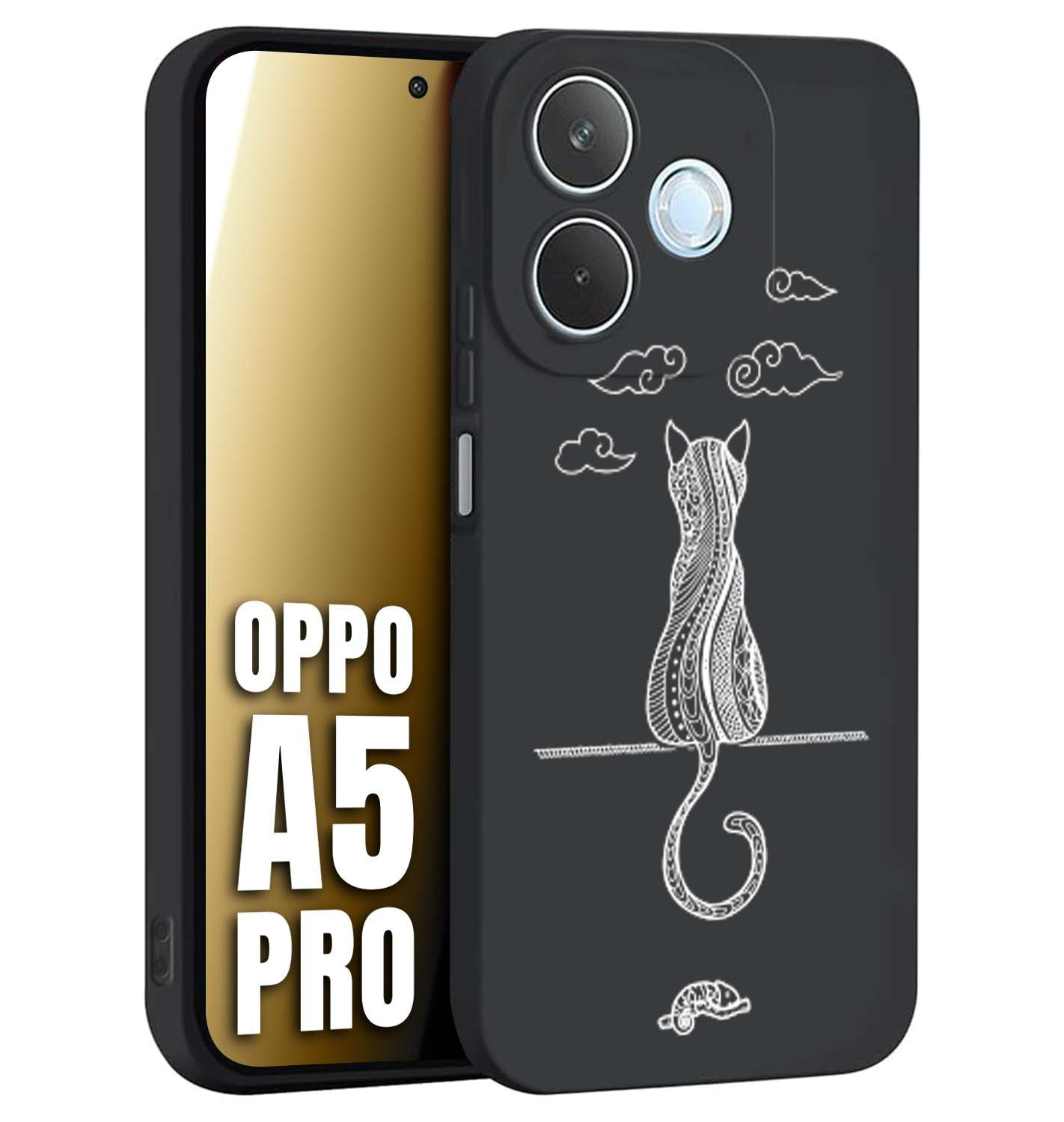 CUSTOMIZZA - Custodia cover nera morbida in tpu compatibile per Oppo A5 PRO gatto mandala stilizzato gattino a rilievo soft touch donna bianca