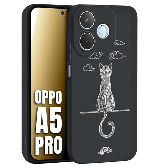 CUSTOMIZZA - Custodia cover nera morbida in tpu compatibile per Oppo A5 PRO gatto mandala stilizzato gattino a rilievo soft touch donna bianca