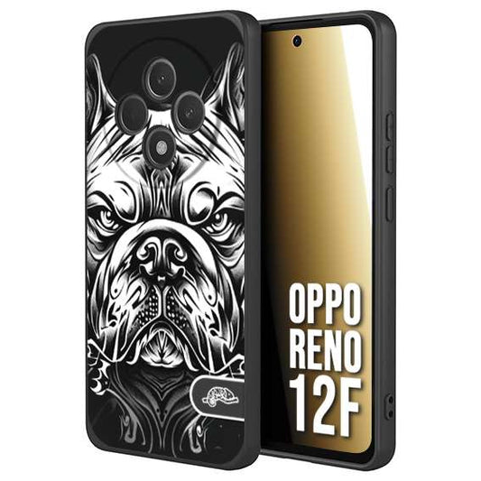 CUSTOMIZZA - Custodia cover nera morbida in tpu compatibile per Oppo Reno 12F bulldog bianco a rilievo disegnato tattoo tatuaggio