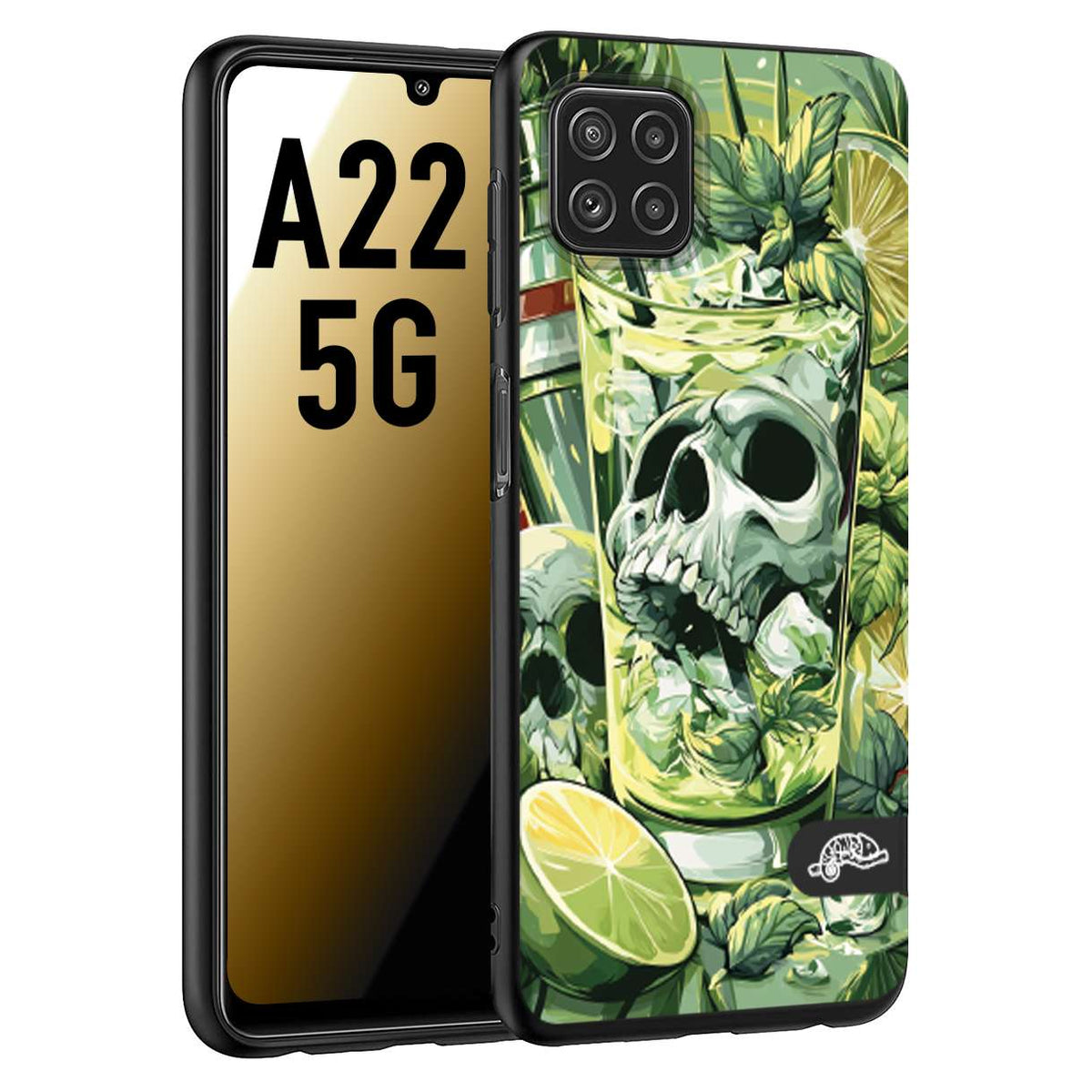 CUSTOMIZZA - Custodia cover nera morbida in tpu compatibile per Samsung A22 5G Mojito cocktail teschio illustrazione drink lime menta ghiacci tropicale street art