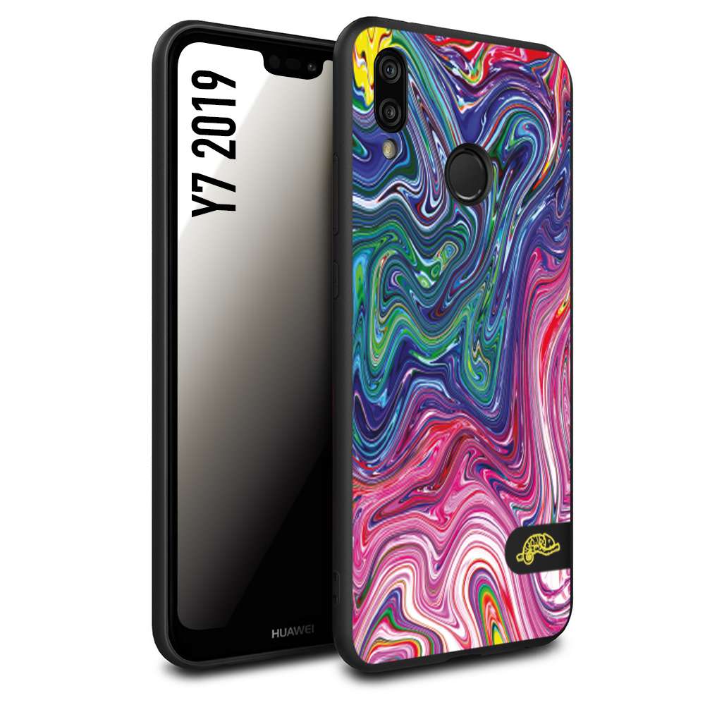 CUSTOMIZZA - Custodia cover nera morbida in tpu compatibile per Huawei Y7 2019 colorata fantasia vortice marmo arcobaleno rosa blu fucsia