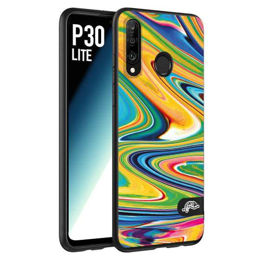 CUSTOMIZZA - Custodia cover nera morbida in tpu compatibile per Huawei P30 LITE colorata fantasia vortice marmo arcobaleno gialla verde blu