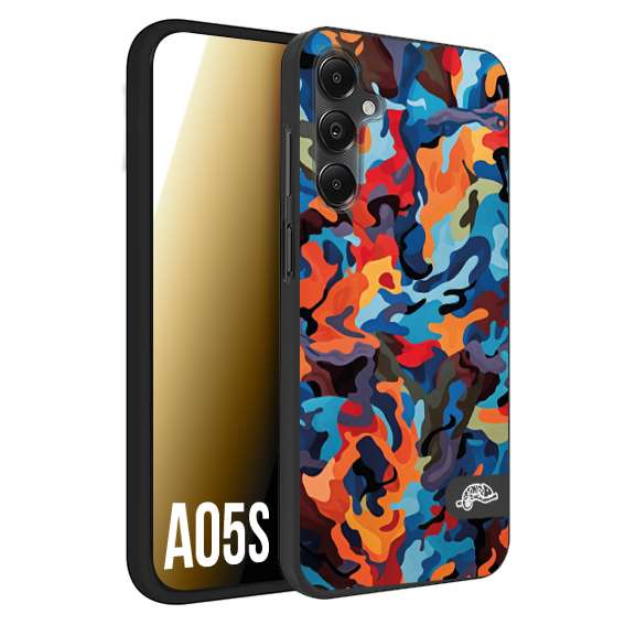 CUSTOMIZZA - Custodia cover nera morbida in tpu compatibile per Samsung A05S camouflage mimetico militare moderno blu arancio rosso