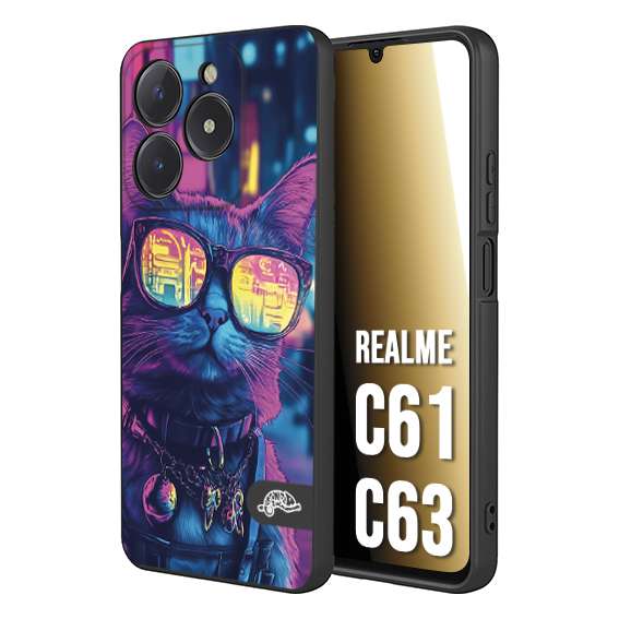 CUSTOMIZZA - Custodia cover nera morbida in tpu compatibile per Realme C61 - C63 animali cyberpunk gatto street cat fucsia blu giallo