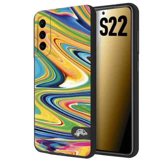 CUSTOMIZZA - Custodia cover nera morbida in tpu compatibile per Samsung S22 colorata fantasia vortice marmo arcobaleno gialla verde blu