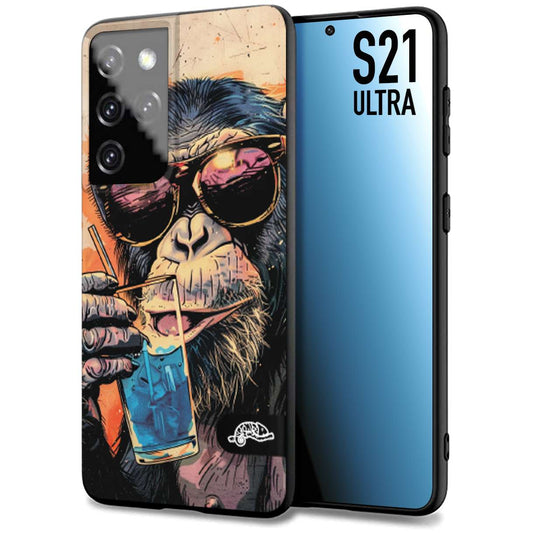 CUSTOMIZZA - Custodia cover nera morbida in tpu compatibile per Samsung S21 ULTRA estate disegnata cocktails animali simpatici scimmia monkey negroni