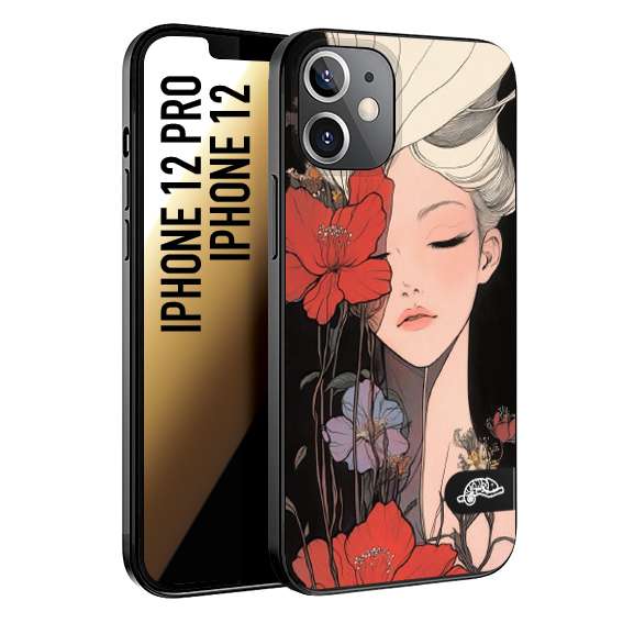 CUSTOMIZZA - Custodia cover nera morbida in tpu compatibile per iPhone 12 - 12 PRO woman flower Fantasia Floreale Design Donna e Fiori, Retro Artistico