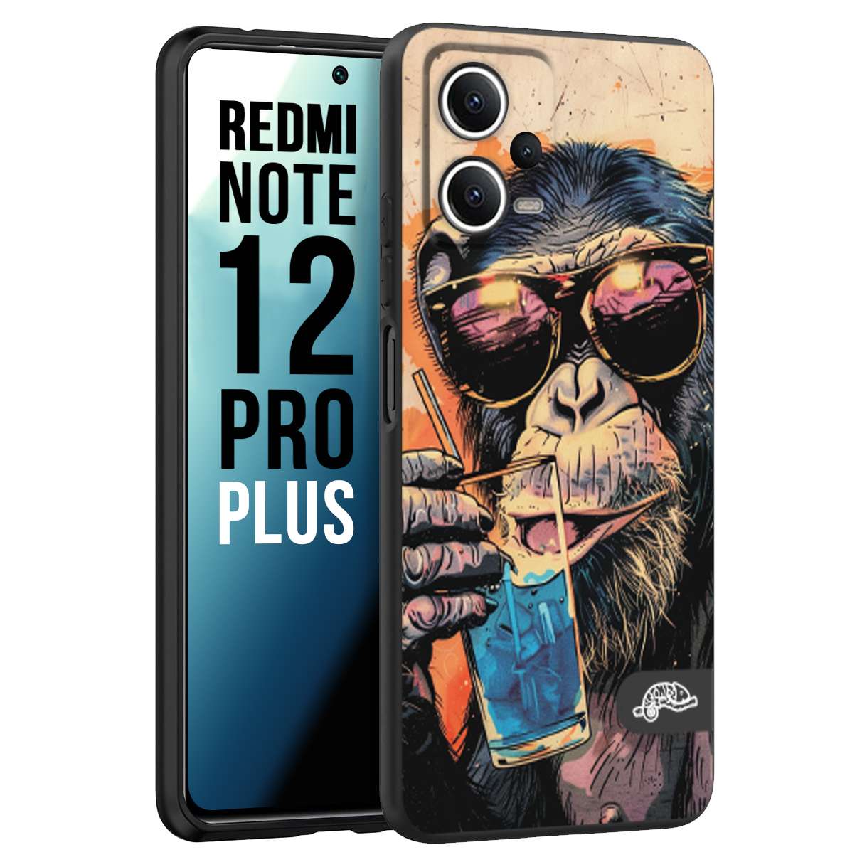 CUSTOMIZZA - Custodia cover nera morbida in tpu compatibile per Xiaomi Redmi Note 12 PRO PLUS estate disegnata cocktails animali simpatici scimmia monkey negroni