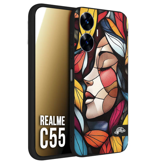 CUSTOMIZZA - Custodia cover nera morbida in tpu compatibile per Realme C55 Vetrata artistica volto di donna profilo fogliare mosaico di vetro colorato