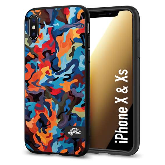 CUSTOMIZZA - Custodia cover nera morbida in tpu compatibile per iPhone X - Xs camouflage mimetico militare moderno blu arancio rosso