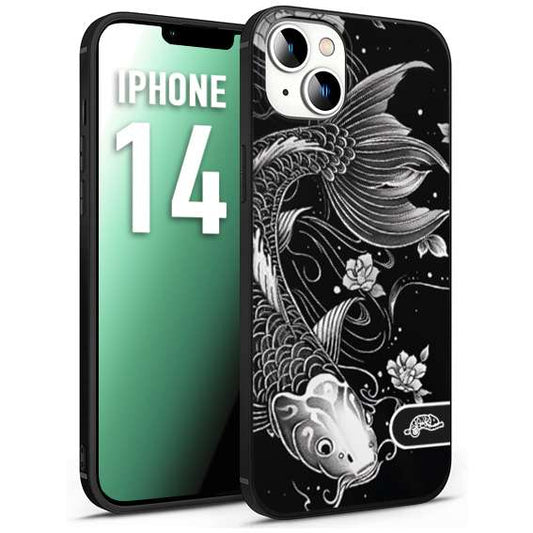 CUSTOMIZZA - Custodia cover nera morbida in tpu compatibile per iPhone 14 carpa koi black and white bianco a rilievo disegnato tattoo tatuaggio