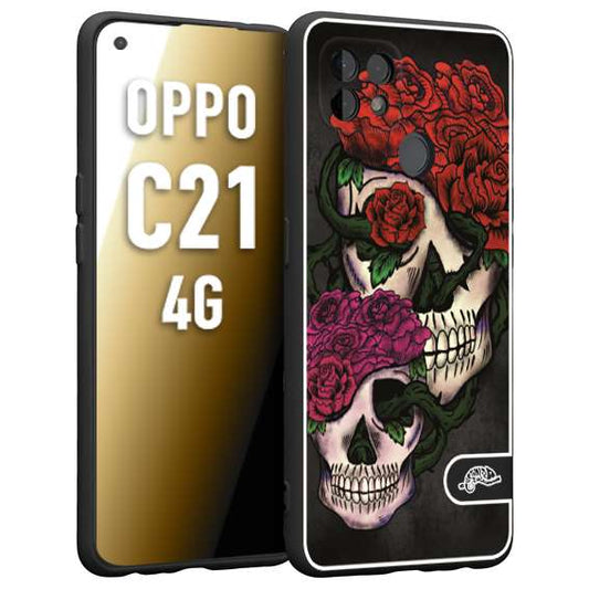 CUSTOMIZZA - Custodia cover nera morbida in tpu compatibile per Realme C21 4G teschi e rose rosse fucsia skull and roses