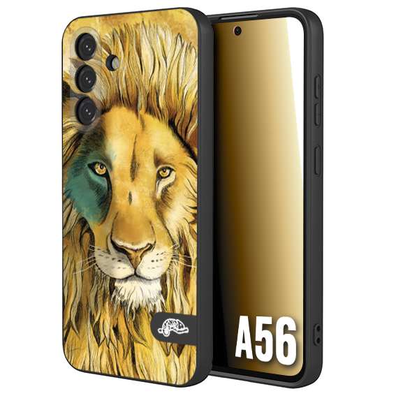 CUSTOMIZZA - Custodia cover nera morbida in tpu compatibile per Samsung A56 5G leone lion disegnato a mano giallo blu a rilievo artistico brown