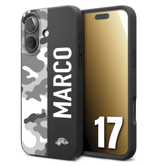 CUSTOMIZZA - Custodia cover nera morbida in tpu compatibile per iPhone 17 camouflage mimetico militare personalizzata nome bianco