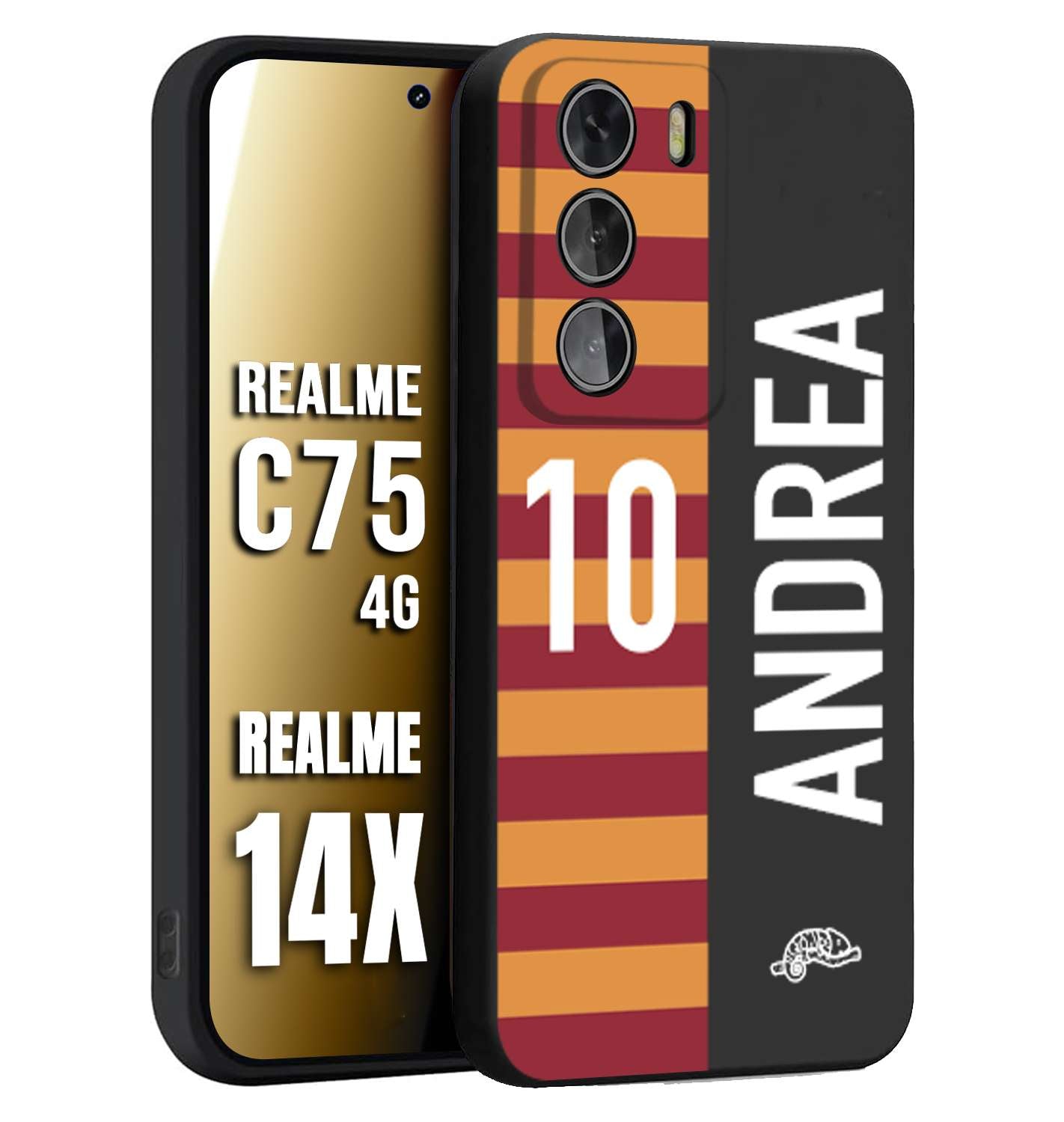 CUSTOMIZZA - Custodia cover nera morbida in tpu compatibile per Realme 14X - C75 4G personalizzata calcio football nome e numero calciatori giallo rossi