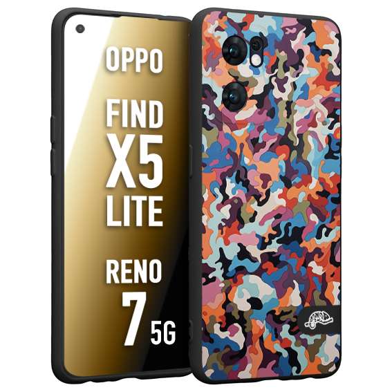 CUSTOMIZZA - Custodia cover nera morbida in tpu compatibile per Oppo Reno 7 - Find X5 LITE camouflage mimetico militare moderno blu arancio rosa