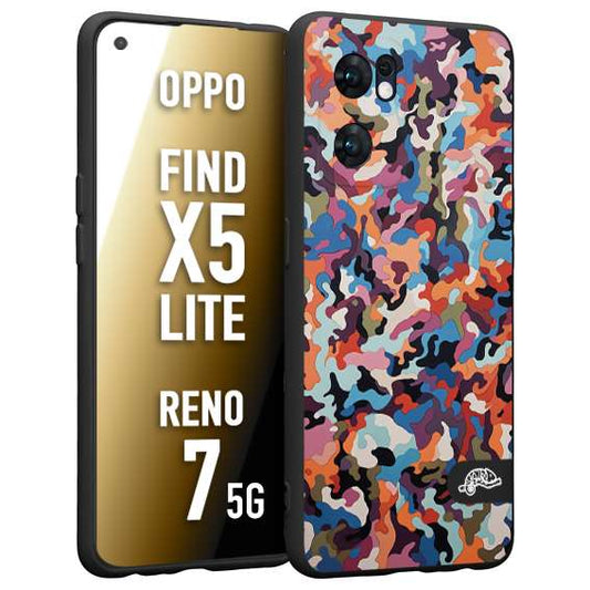 CUSTOMIZZA - Custodia cover nera morbida in tpu compatibile per Oppo Reno 7 - Find X5 LITE camouflage mimetico militare moderno blu arancio rosa