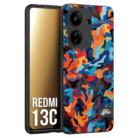 CUSTOMIZZA - Custodia cover nera morbida in tpu compatibile per Xiaomi Redmi 13C camouflage mimetico militare moderno blu arancio rosso