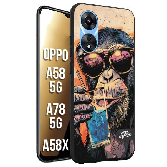 CUSTOMIZZA - Custodia cover nera morbida in tpu compatibile per Oppo A58 5G - A78 5G - A58X estate disegnata cocktails animali simpatici scimmia monkey negroni