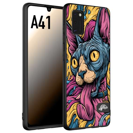 CUSTOMIZZA - Custodia cover nera morbida in tpu compatibile per Samsung A41 Sphynx Colorato Pop Art Psichedelico Gatto Blu Rosa Giallo Artistica Fantasy