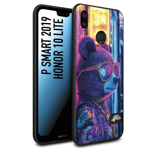 CUSTOMIZZA - Custodia cover nera morbida in tpu compatibile per Huawei P Smart 2019 animali cyberpunk orsetto orso street bear fucsia blu night