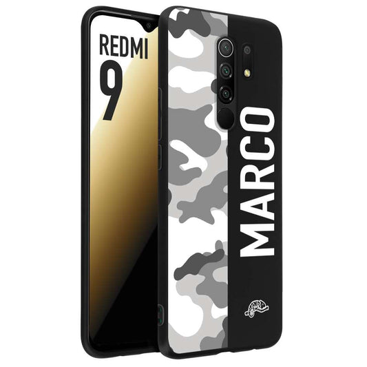 CUSTOMIZZA - Custodia cover nera morbida in tpu compatibile per Xiaomi Redmi 9 camouflage mimetico militare personalizzata nome bianco