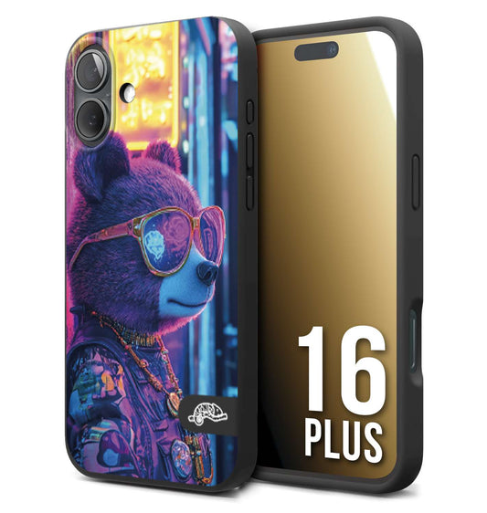 CUSTOMIZZA - Custodia cover nera morbida in tpu compatibile per iPhone 16 PLUS animali cyberpunk orsetto orso street bear fucsia blu night