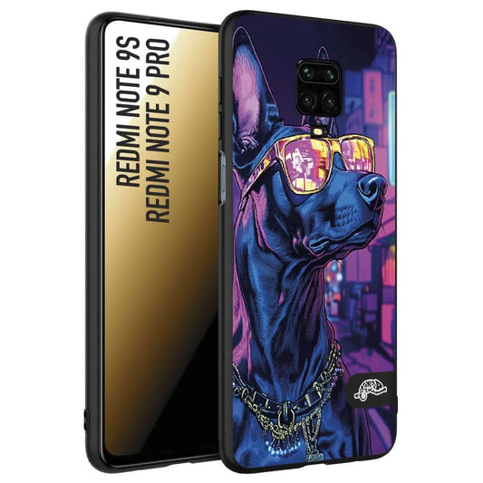CUSTOMIZZA - Custodia cover nera morbida in tpu compatibile per Xiaomi Redmi Note 9S - Note 9 PRO animali cyberpunk dobermann cane street dog fucsia blu night