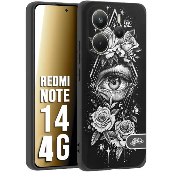 CUSTOMIZZA - Custodia cover nera morbida in tpu compatibile per Xiaomi Redmi Note 14 4G occhio fiori rombo geometrico black and white bianco a rilievo disegnato tattoo tatuaggio