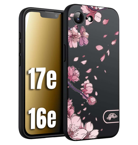 CUSTOMIZZA - Custodia cover nera morbida in tpu compatibile per iPhone 16E - 17E giapponese fiori di ciliegio in fiore a rilievo disegnata tattoo